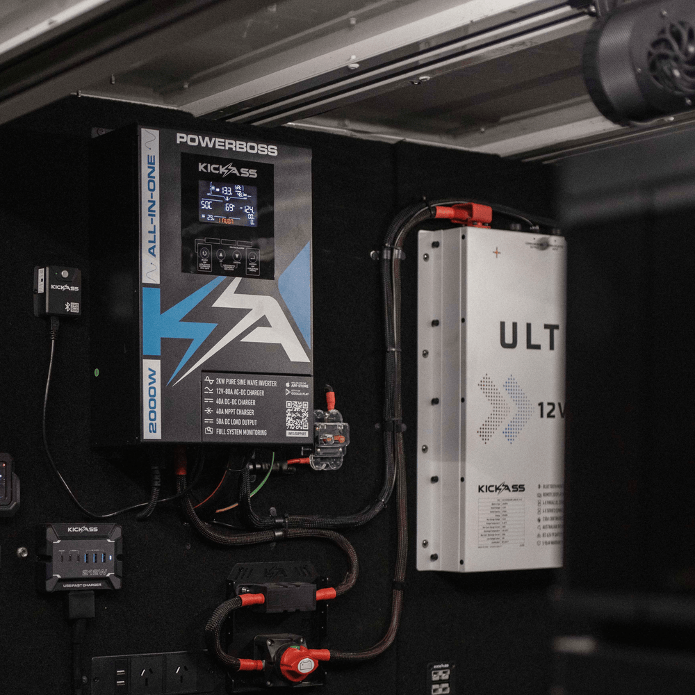 PowerBoss installed neatly beside an Ultra-X lithium battery in a vehicle canopy