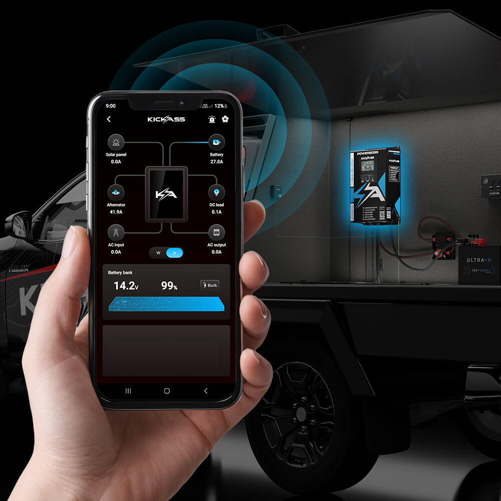 KickAss Bluetooth app displaying solar, alternator and battery information for a PowerBoss system