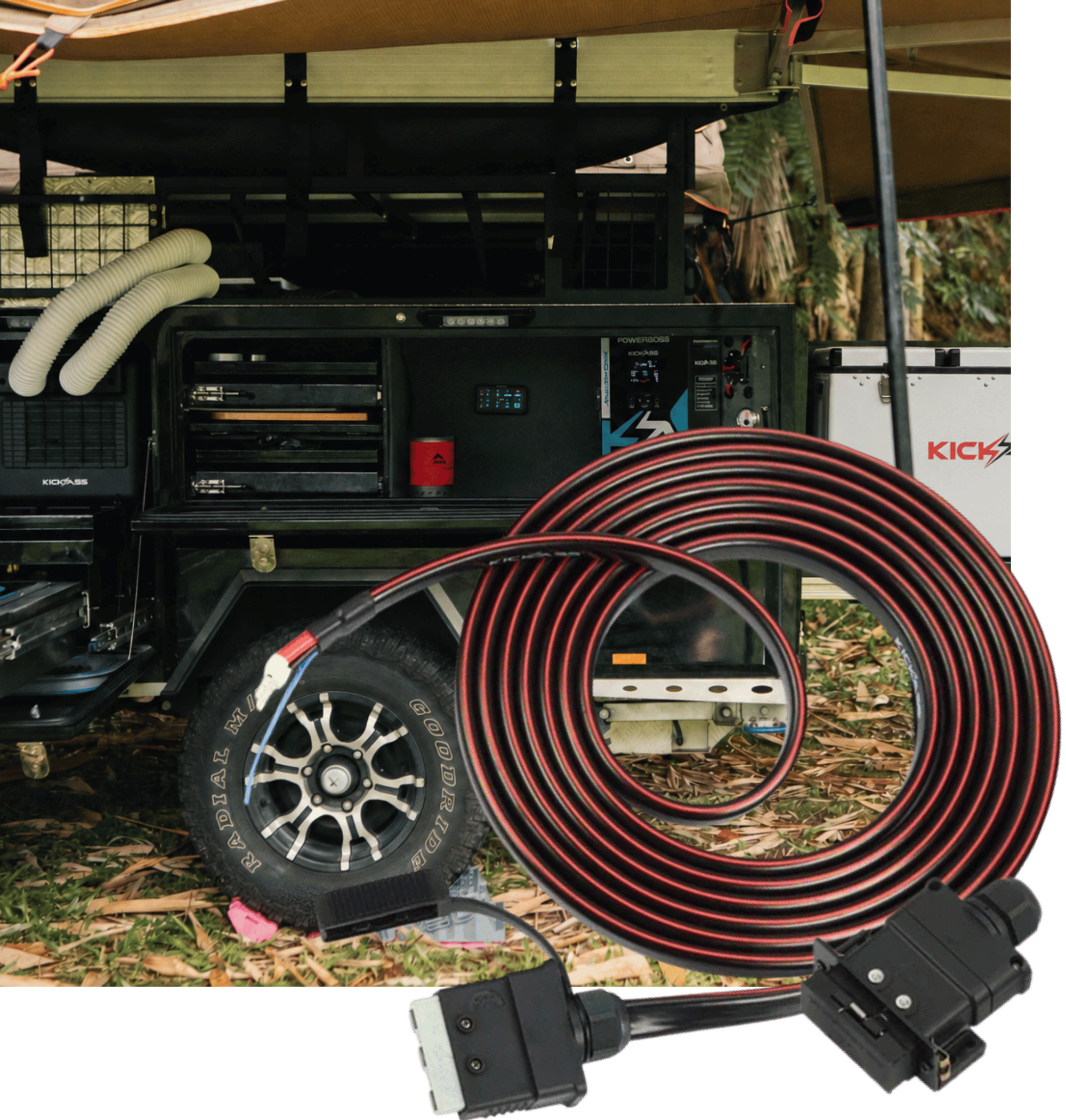 PowerBoss installed in a camper trailer with the trailer wiring kit shown in the foreground